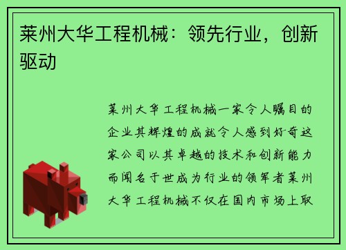 莱州大华工程机械：领先行业，创新驱动