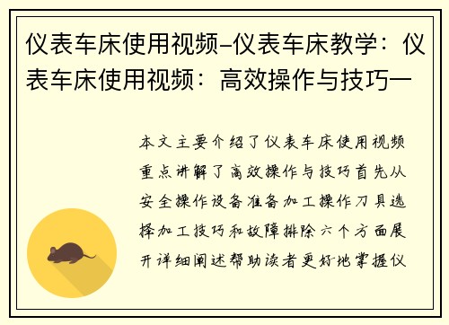 仪表车床使用视频-仪表车床教学：仪表车床使用视频：高效操作与技巧一览